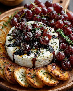 Baked brie wheel topped with roasted grapes and herbs on wooden serving board with bread