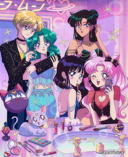 Colorful anime illustration of Sailor Moon characters posing together with cats and accessories