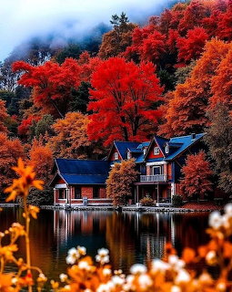 Lakeside Houses in Autumn