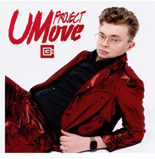 Young man in a shiny red suit and glasses posing on a white background with red text