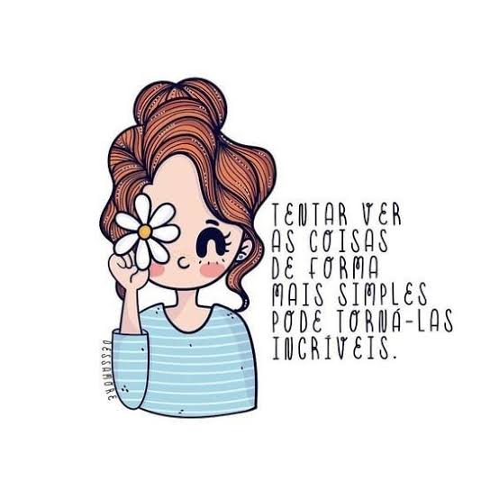 Cartoon girl holding a daisy over one eye next to handwritten Portuguese text