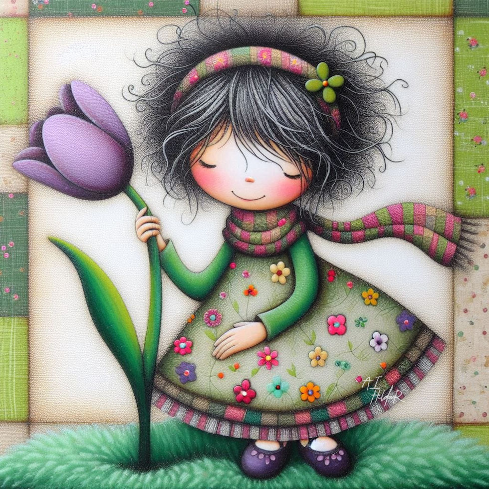 Whimsical illustration of girl with black hair holding purple tulip, wearing patterned dress with colorful buttons