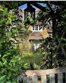 Thatched cottage viewed through dense garden foliage and a rustic wooden fence