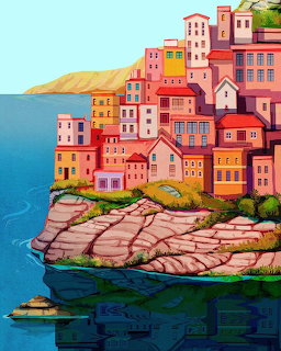 Colorful Coastal Town Illustration
