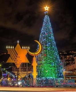 Illuminated Christmas tree, crescent moon, and Star of David menorah lit up at night in a city square
