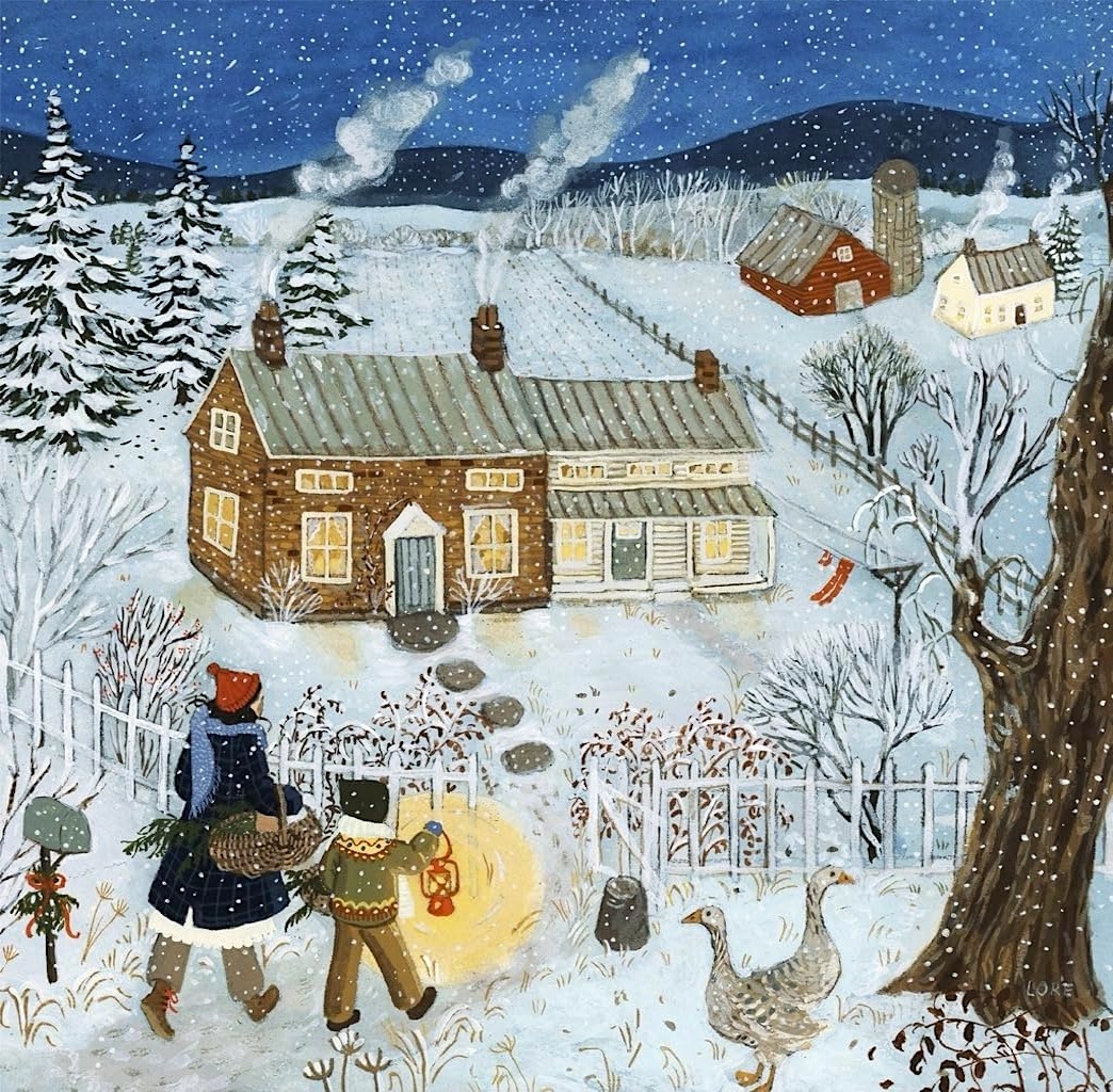Folk art painting of person walking toward cottage in snowy winter landscape with chickens and trees