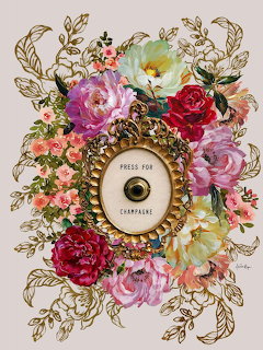 Ornate gold doorbell frame surrounded by colorful roses and peonies with text Press For Champagne