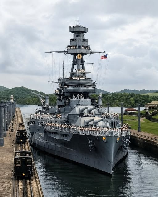 USS Texas BB-35 battleship in a canal lock with green hills in the background