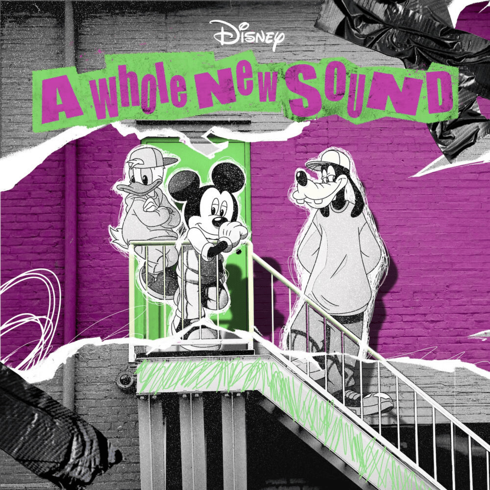 Street art mural showing Mickey Mouse, Goofy and Donald Duck in black and white on purple and green background with graffiti text