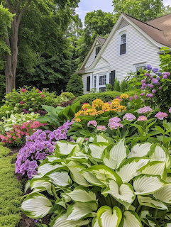 Vibrant garden beds with purple and yellow flowers in front of a white house with green shutters