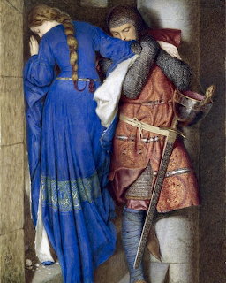Painting of a medieval couple embracing on a stone stairway, woman in blue dress and man in armor