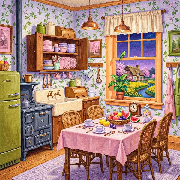 Cozy cottage kitchen with floral wallpaper, wooden furniture, set table, and window view of garden at sunset