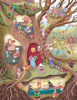 Colorful cartoon animals partying in elaborate treehouse with multiple rooms, decorations, and woodland setting