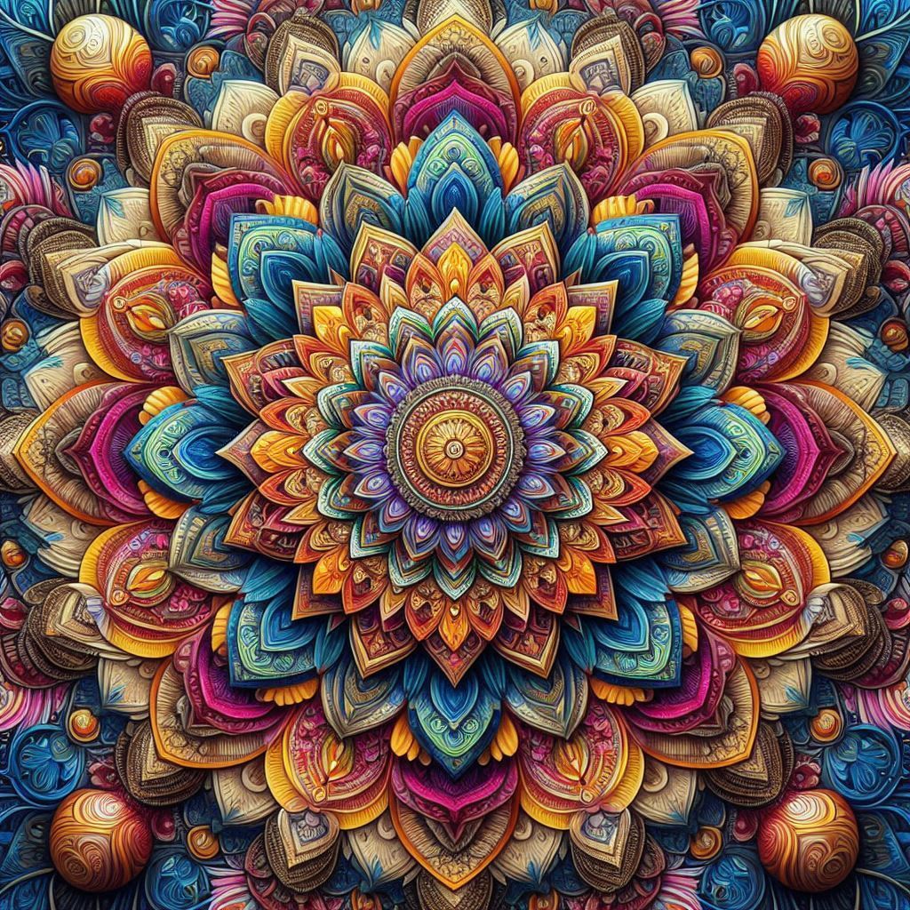 Symmetrical mandala with layered petals in warm and cool tones, centered on a blue background with decorative corner spheres