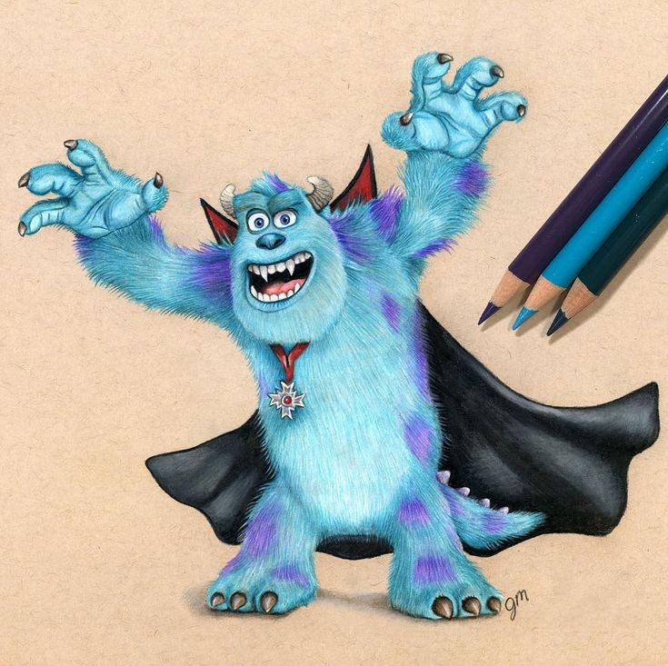 Drawing of Sulley as a vampire with cape and raised arms beside colored pencils