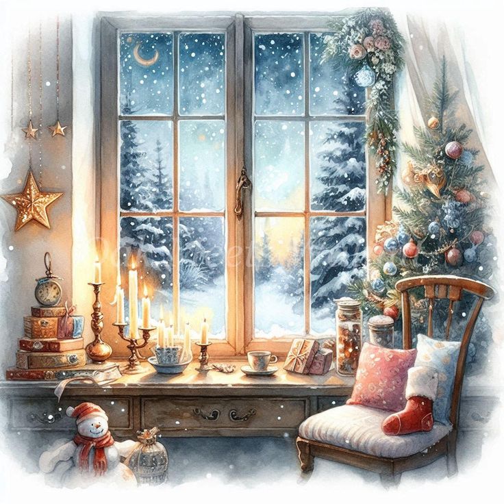Cozy Christmas room with snowy window, candles, decorated tree, and a chair with pillows