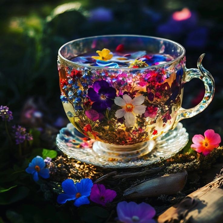 Transparent glass teacup filled with vibrant floating flowers on decorative saucer with scattered petals