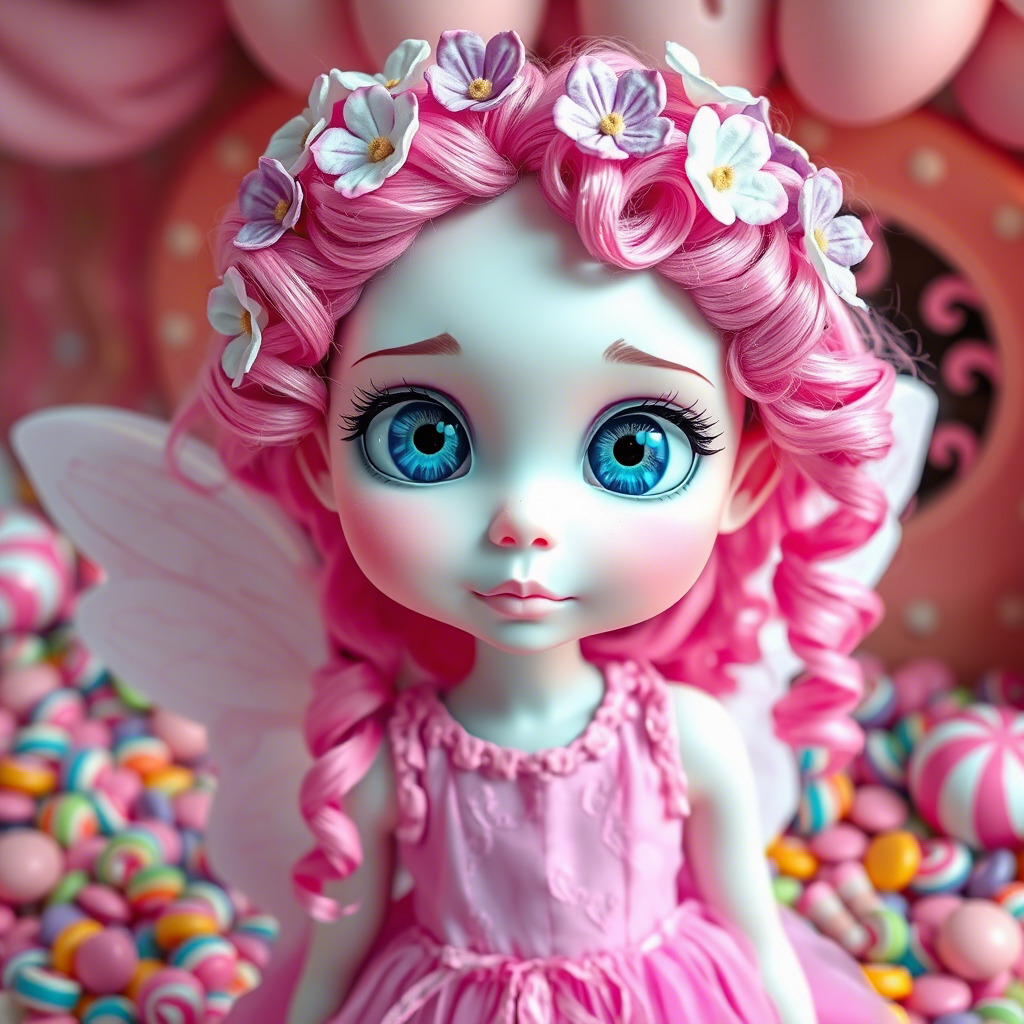 Big-eyed doll with pink hair and flower crown among pastel candies