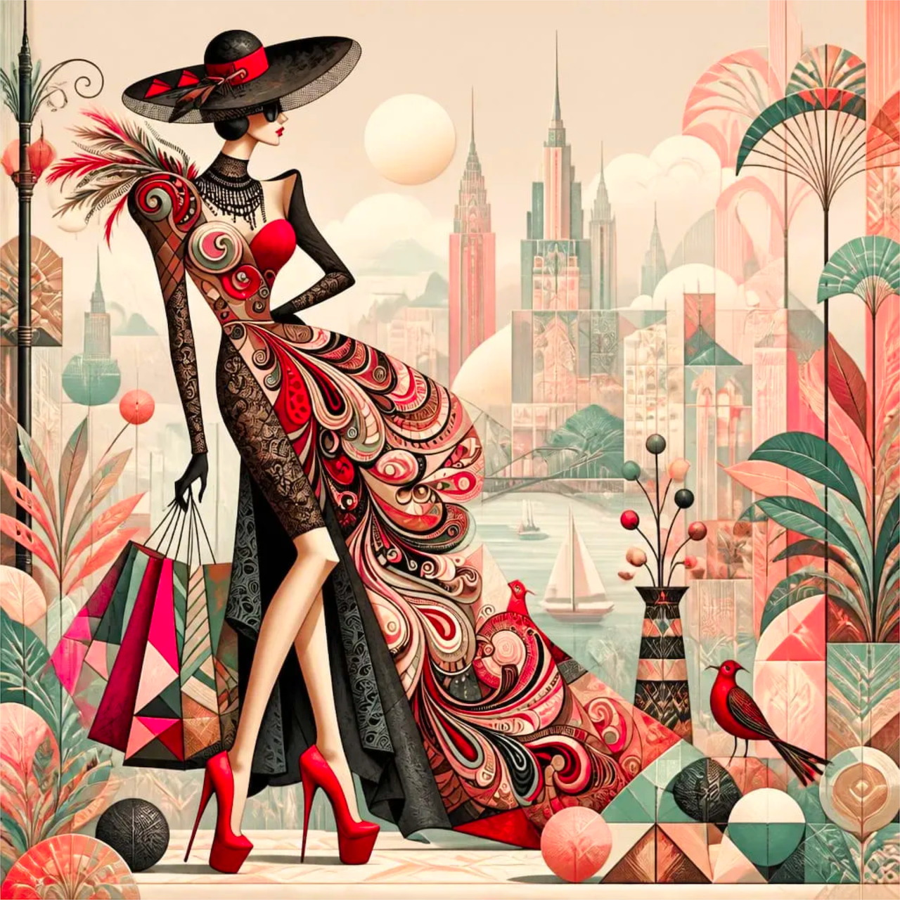 Art Deco illustration of fashionable woman in elaborate red dress with peacock motifs and city skyline background