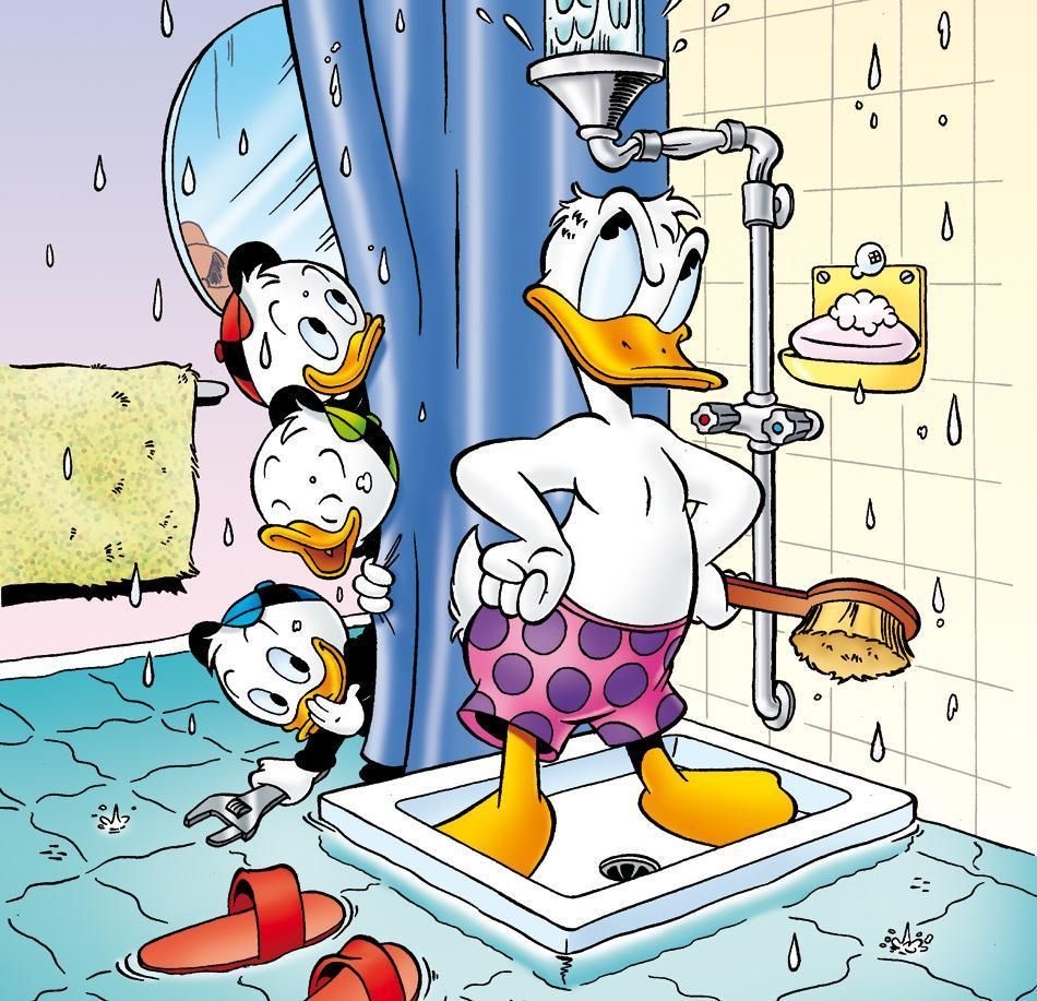 Donald Duck showering while three ducklings peek around blue shower curtain