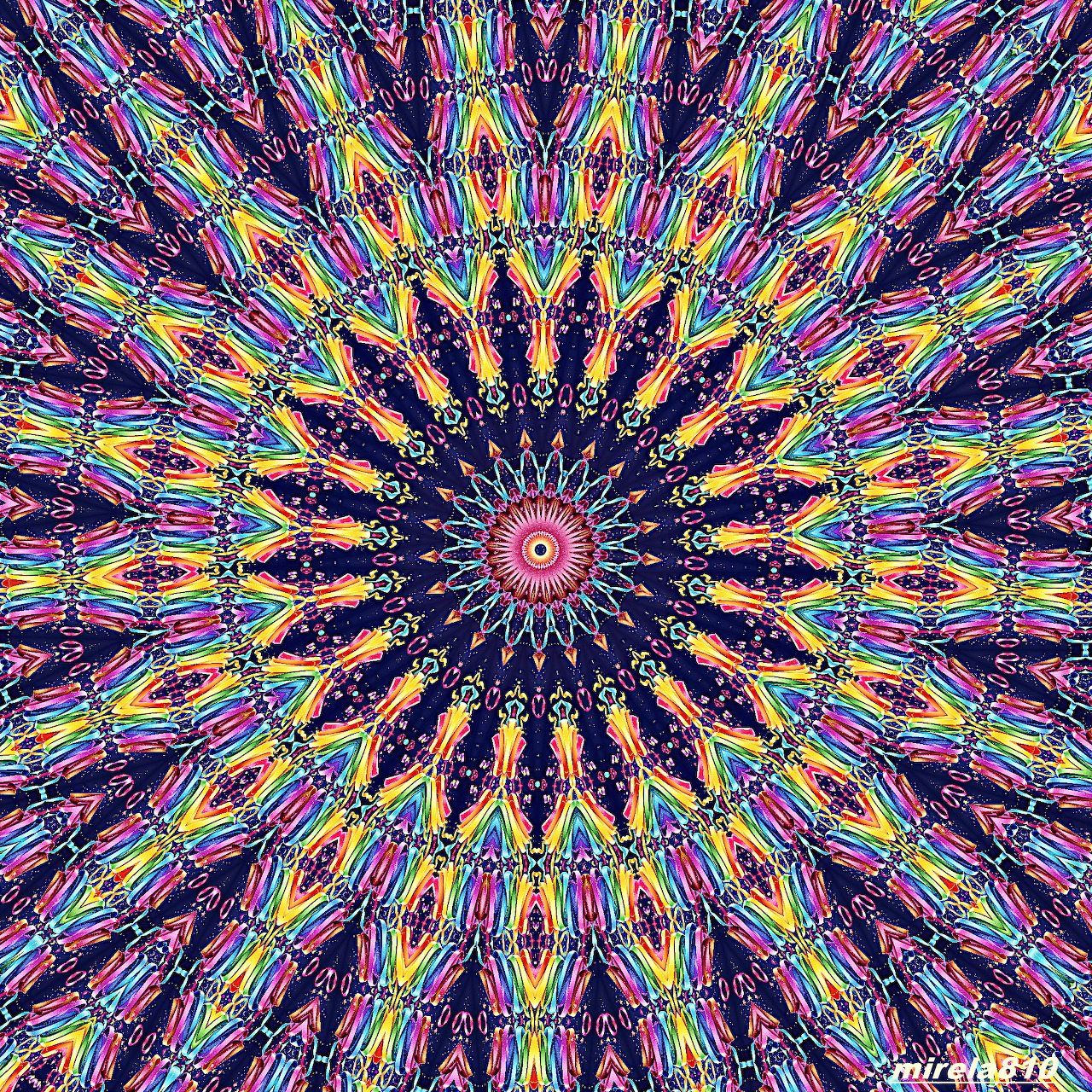 Colorful mandala with radiating rainbow patterns and pink center in symmetrical design