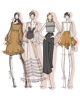 Four fashion design sketches of women in different stylish outfits with loose ink lines and soft color washes