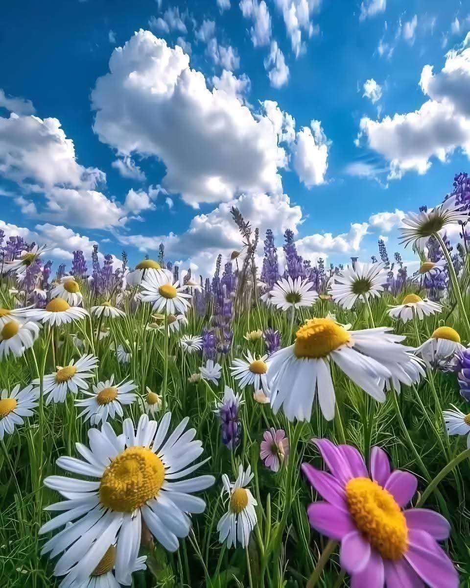 White and purple wildflowers in a grassy meadow under a bright blue sky with fluffy clouds