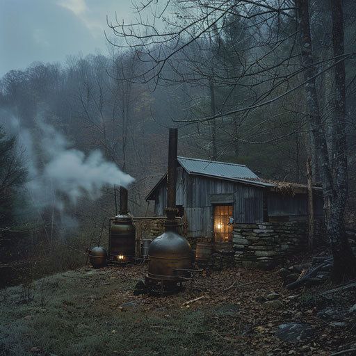Small cabin with lit windows in foggy forest at dusk, smoke from chimney, bare trees surrounding