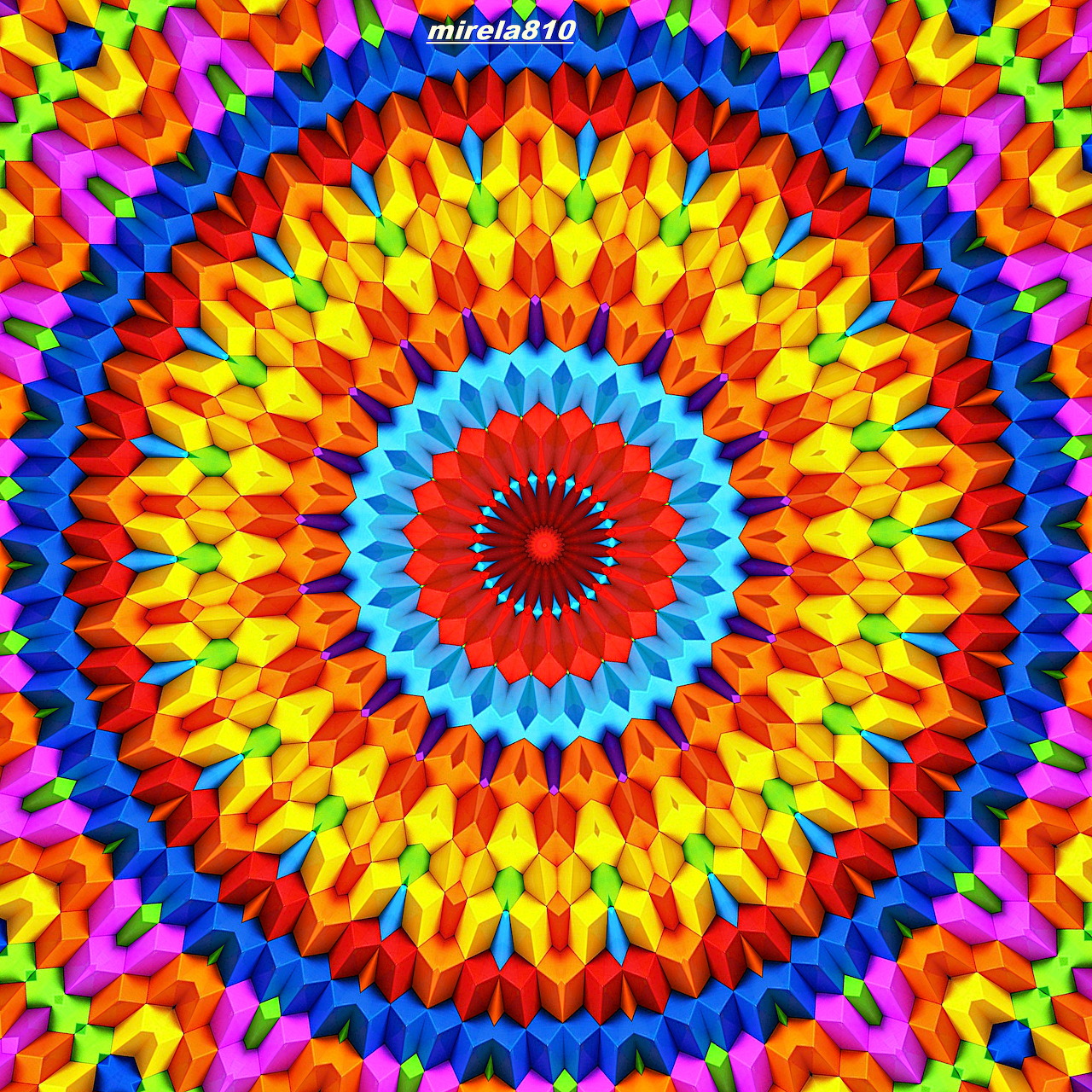 Colorful circular mandala with rainbow geometric patterns radiating from red center in perfect symmetry