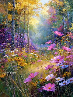 Painting of pink and white cosmos flowers in a sunlit woodland clearing with autumn foliage