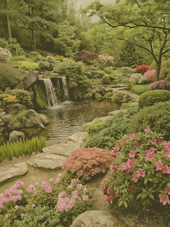Garden pond with a small waterfall, stone path, shrubs, and pink flowers