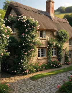Thatched cottage with pink climbing roses and cobblestone path in countryside garden