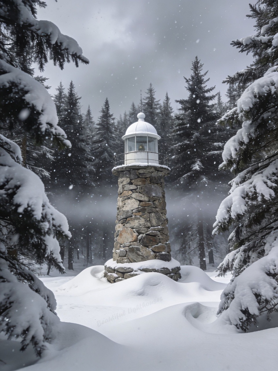 Stone lighthouse surrounded by snow-laden evergreen trees in winter