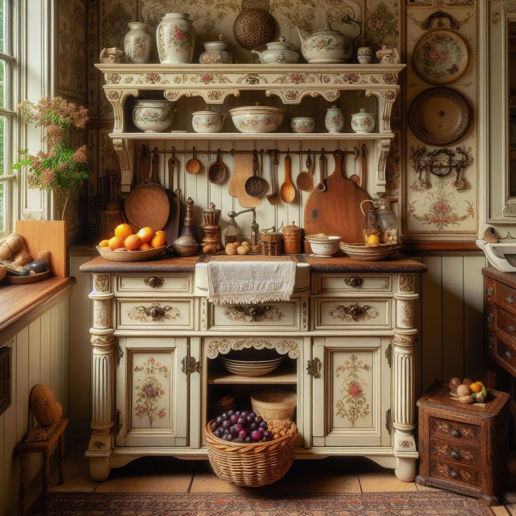 Vintage cottage kitchen with cream cabinet, copper pots, dishes, and fruit baskets by a window