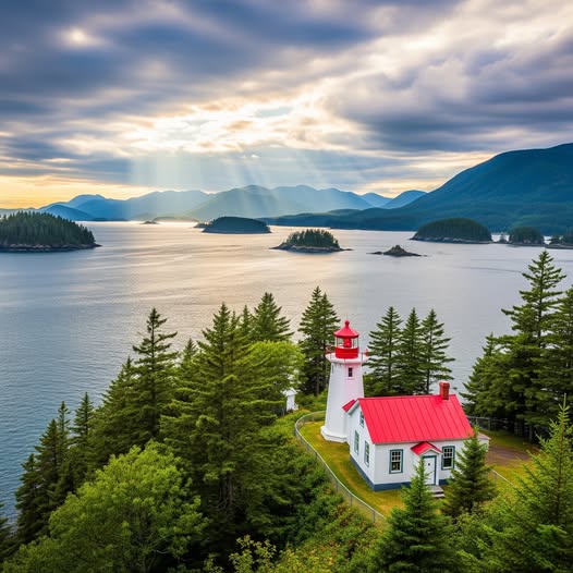 Red-roofed white lighthouse on forested point overlooking scenic bay with islands and mountains at sunset