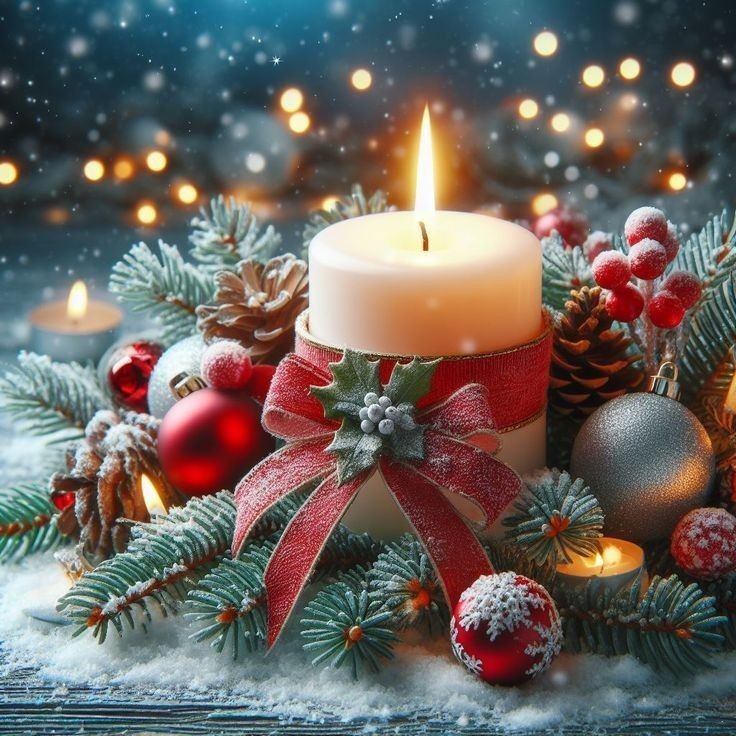 Lit candle with frosted pine branches, pinecones, red berries, and Christmas ornaments