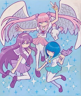 Three anime girls with wings and colorful hair flying against a blue background with stars