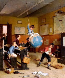 Oil painting of children in a 19th-century classroom gathered around an illuminated globe