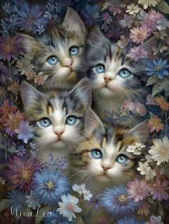 Four blue-eyed kittens nestled among purple, pink, and blue flowers in a painted style