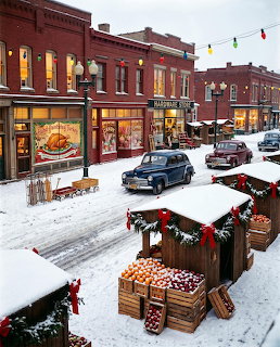 Snowy small town street with wooden fruit stands, vintage car, and Christmas-decorated brick buildings