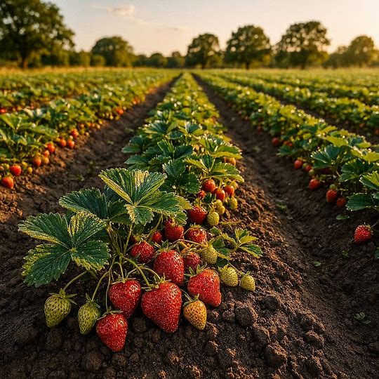 Rows of ripe strawberries growing in a sunlit farm field