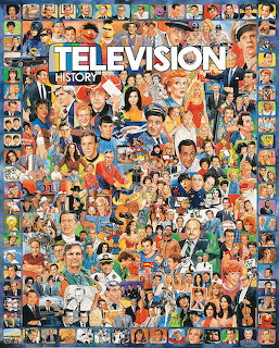 Collage mosaic of classic television actors and TV show images arranged densely with 'Television History' text in center