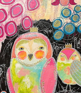 Colorful abstract painting of two owls with pink bodies, patterned circles, and decorative crown elements