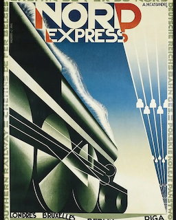 Art Deco style Nord Express train poster with stylized locomotive and bold geometric typography
