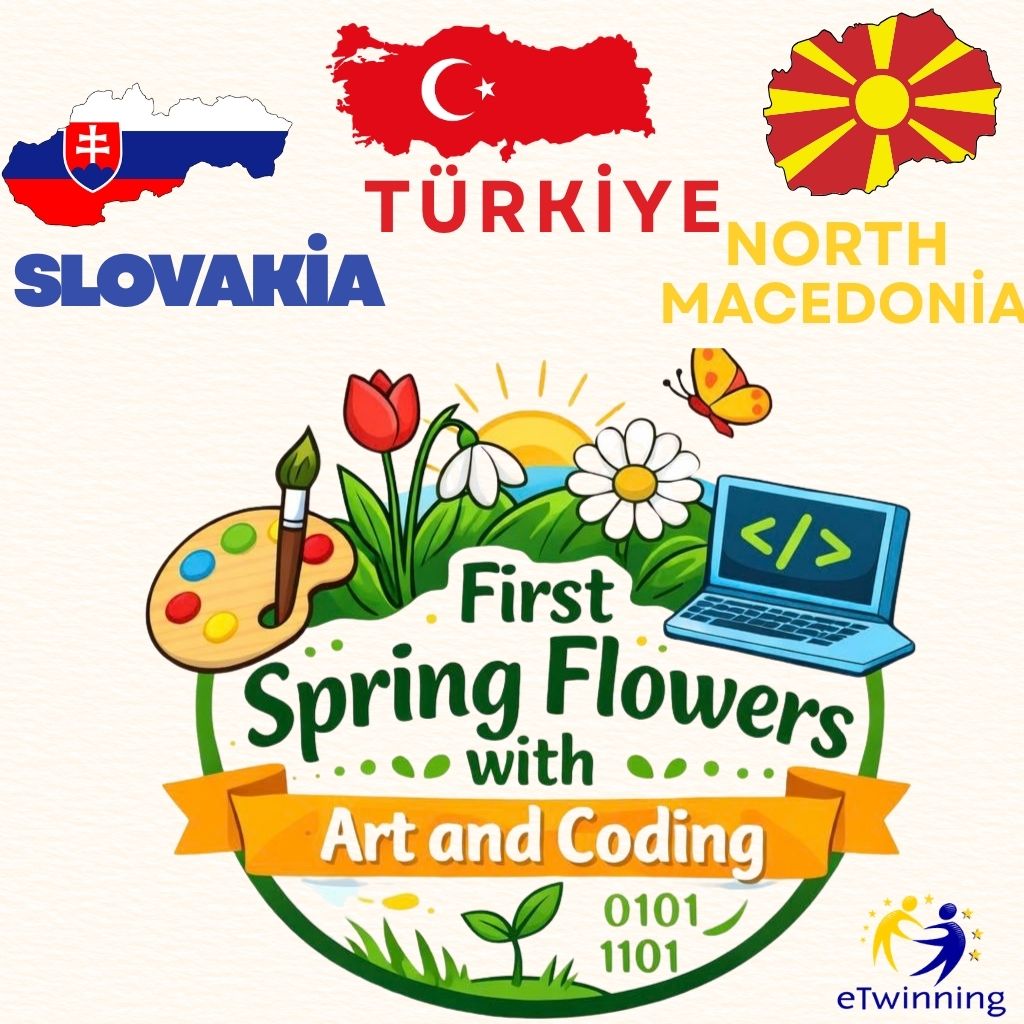 Colorful logo with spring flowers, country flags, art palette, laptop, and coding elements for educational project