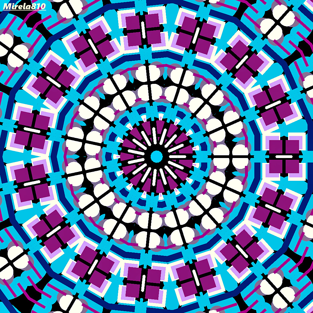 Colorful geometric mandala with turquoise, purple and white symmetrical patterns radiating from center