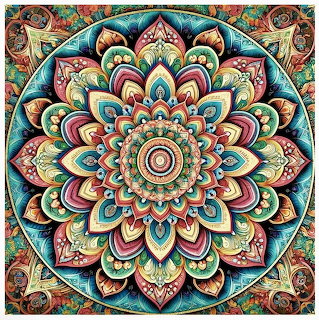 Colorful mandala with concentric floral petals and decorative corner elements in teal, coral, and gold