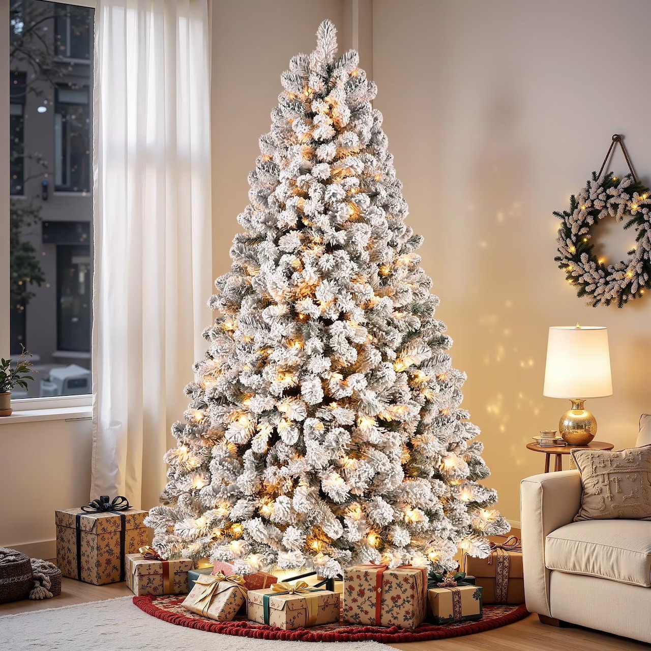 White flocked Christmas tree with golden lights and wrapped presents underneath in festive living room