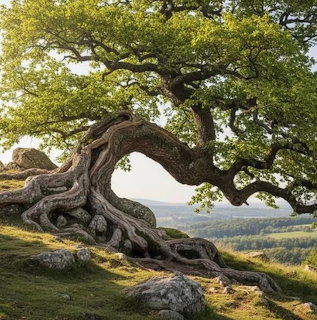 Gnarled old tree with twisted roots on a grassy hillside
