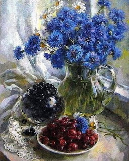 Cornflowers and Beries Still Life